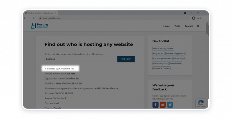 Поиск хостинг-провайдера для сайта hostiq.ua с помощью Hosting Checker