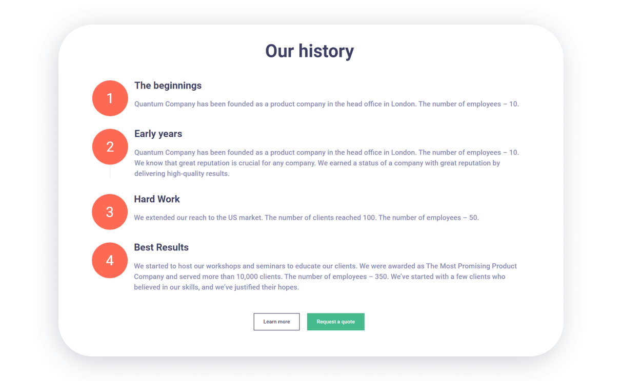 Блок главной страницы сайта с историей компании